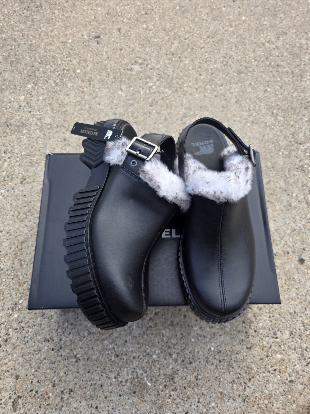 Sorel Black Leather Faux-Fur Clog Mules Women Size 8.5